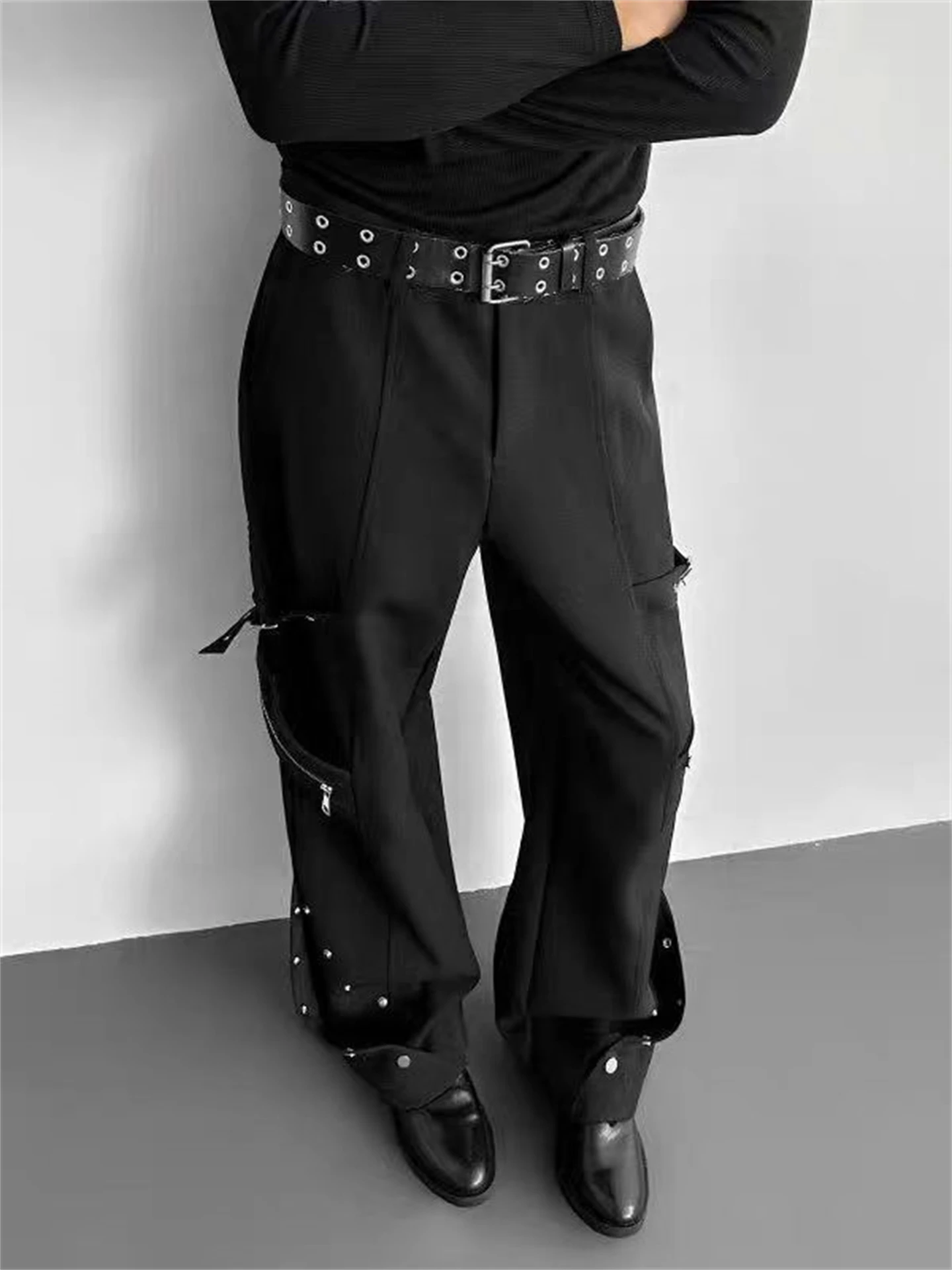 

Мужские повседневные брюки Bla Zipper Straight Leg в американском ретро-стиле, весенне-осенние, с высокой талией, уникальный дизайн, эффектные.