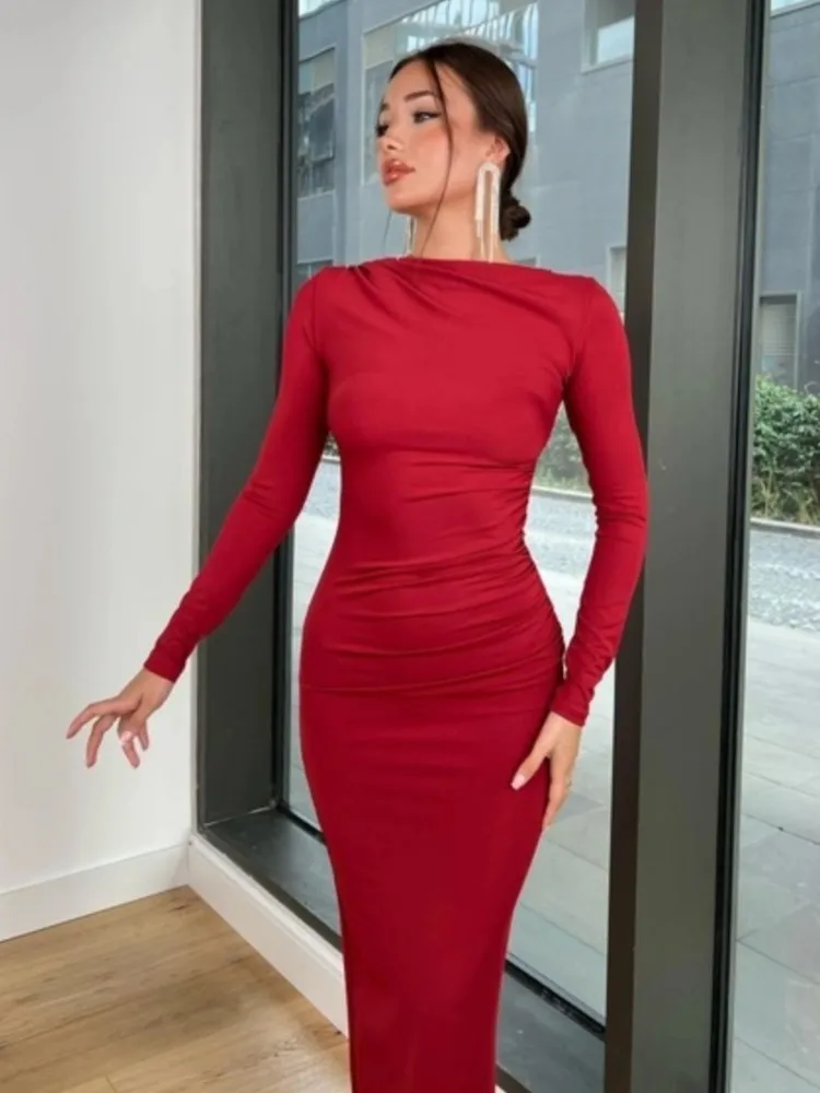 

Y2k Solid Color Bodycon Party Long Dress Long Sleeve Package Hip Slim Folds Maxi Dresses For Women Elegant Vestidos Para Mujer