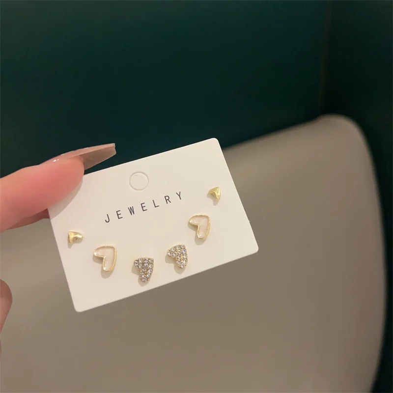 3 Pairs/set Cute Korean Earrings Heart Bling Zircon Shell Versatile Gold Color Earring for Women Fashion Jewelry 2026 New Gifts