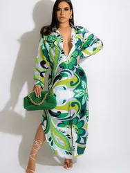 Loose Casual Floral Print Shirt Dress Women Turn-Down Collar Single Breasted Maxi Dresses Long Sleeve Party Birthday Long Dress