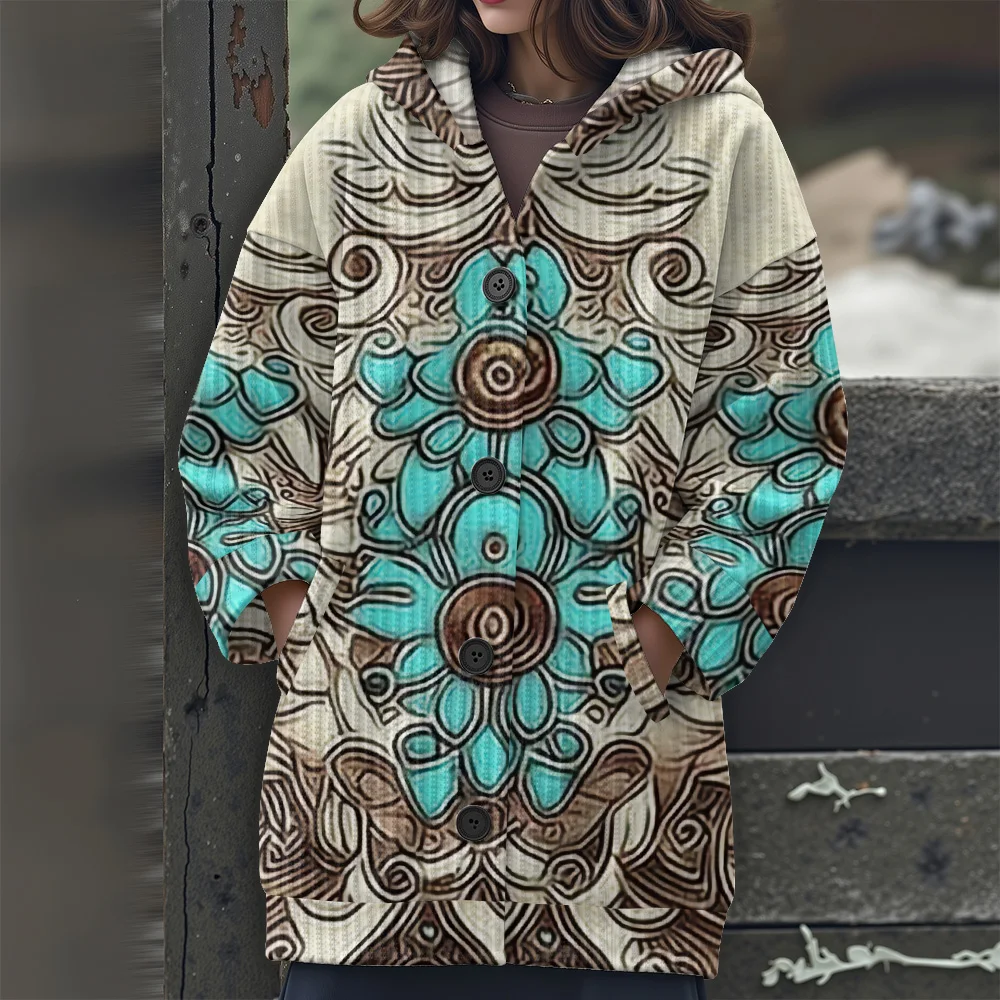 ボヘミアン風コラージュ柄花柄カジュアルレディースセーター2025新作レディースロングセーターボヘミアン風コラージュ柄花柄セーター