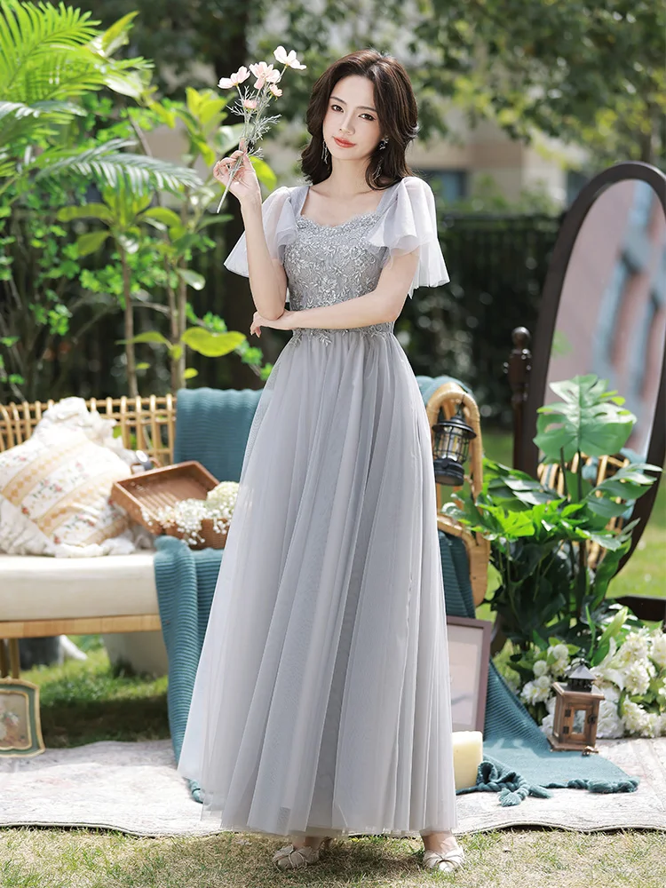 

Graceful Gray Bridesmaid Dresses A-Line Square Collar Puff Sleeve Tulle Prom Gown for Wedding Party Robe Demoiselle D'honneur