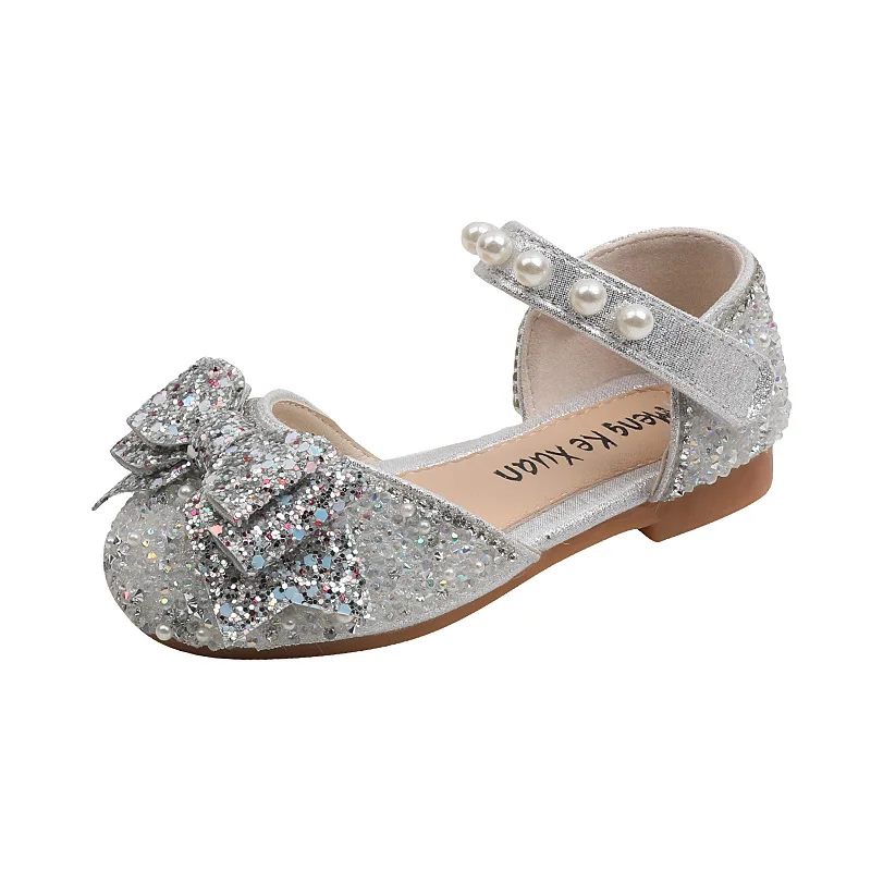 Sandalias de princesa con diamantes de imitación para niña, sandalias con lazo de lentejuelas, zapatos de bebé, zapatos de baile para Fiesta