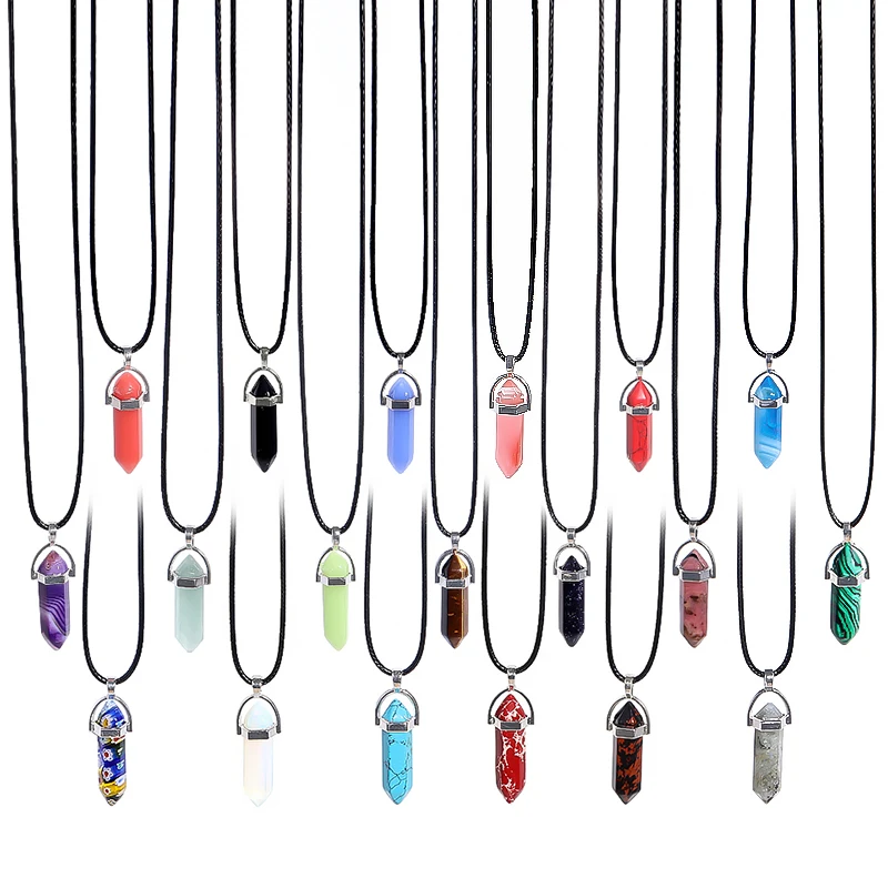 Hexagon Pillar Quartz Necklace Turquoise Pink Crystal Necklace Genuine Leather Chain Natural Stone Choker Necklace