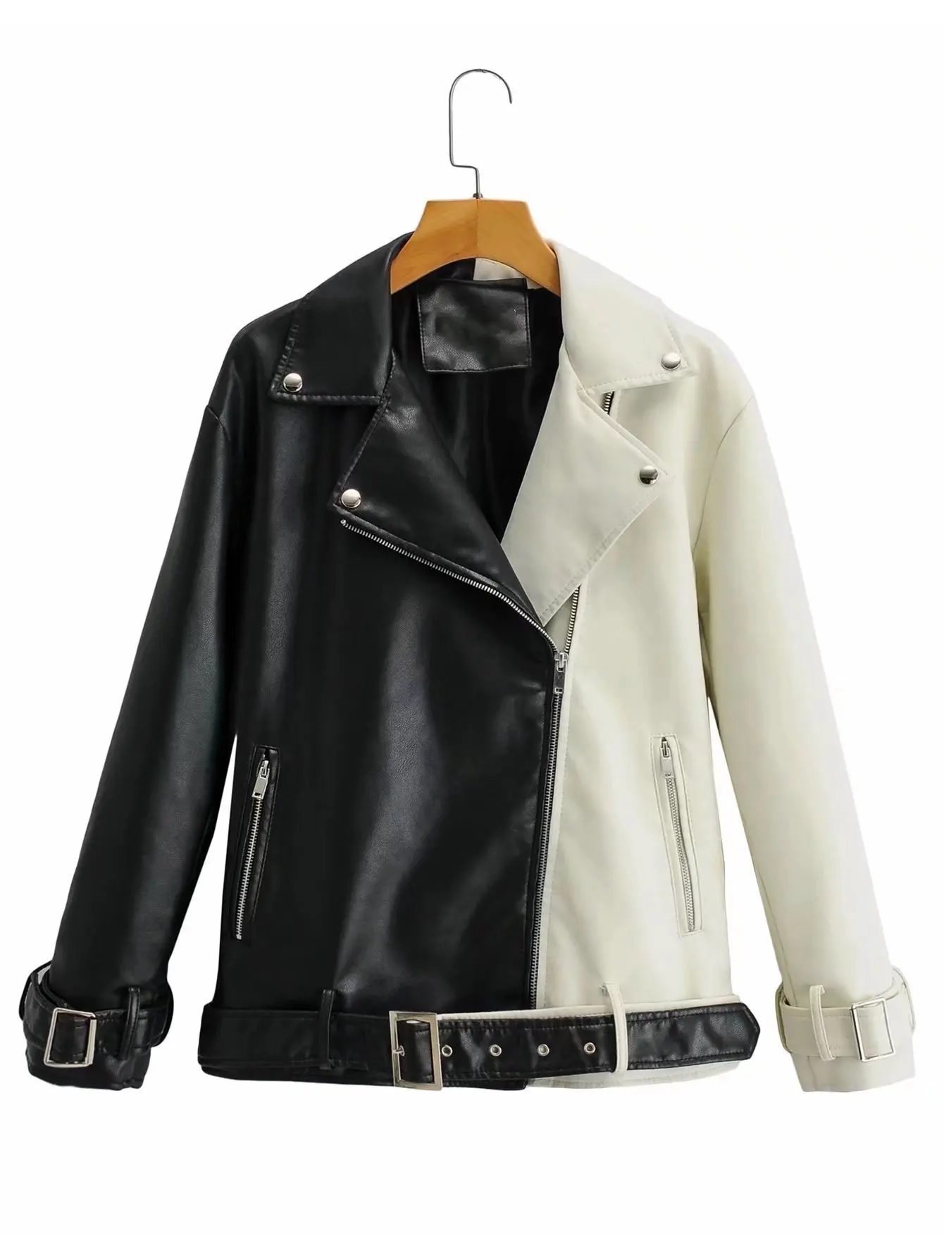 Spring Autumn Lapel Splicing Pu Leather Jacket Women Moto Frenulum Faux Soft Leather Coat Casual Loose Outwear With Belt