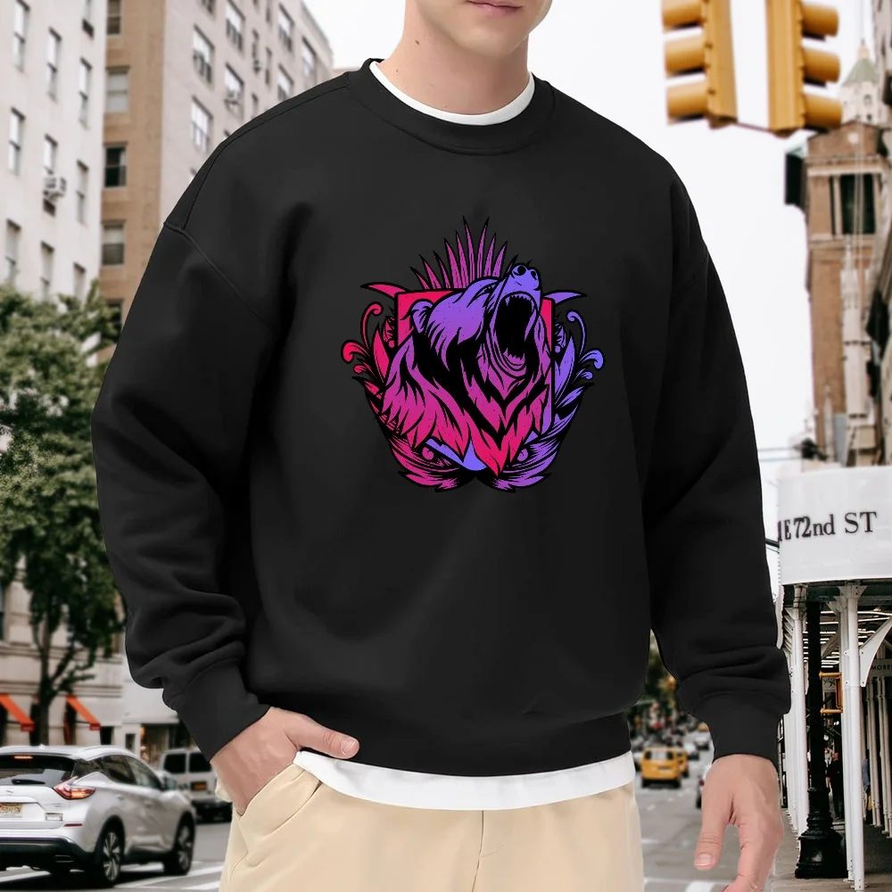 

Men's Black Crew Neck Pullover Sweatshirt with Trendy Bear Head Print, Loose Fit Top, Street Casual Versatile Style, Comfortable and Breathable for Everyday Wear and Sports