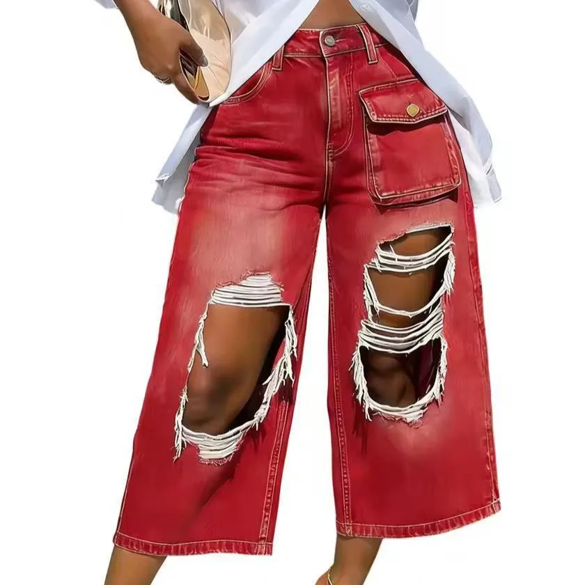 Women Pants Solid Capris Hole Raw Edge Pocket Button Zipper Fly Empire Waist Calf Length Wide Leg Pants Streetwear 2026 Summer