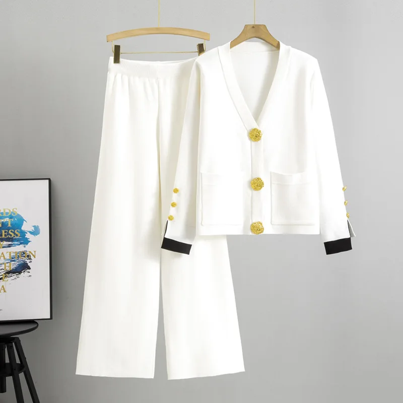 Herfst Winter Mode Vrouwen Gebreide Trui Set Grote Gouden Knop V-hals Vest Jassen Losse Hoge Taille Wijde Pijpen Broek pak B649