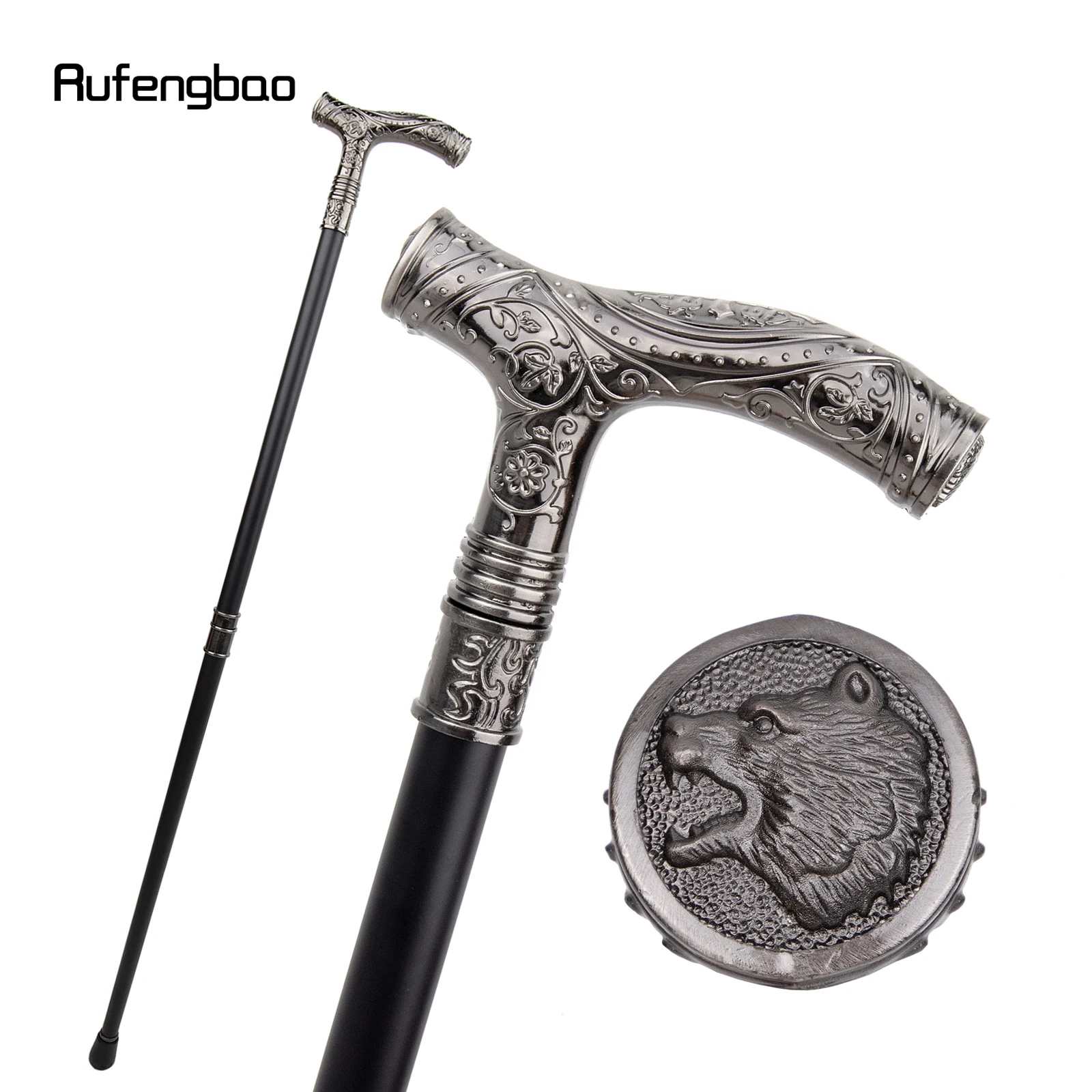 Silver Roaring Bear Head Flower Totem Relief Walking Cane Fashion Walking Stick Gentleman Crosier Knob Walking Stick 93cm