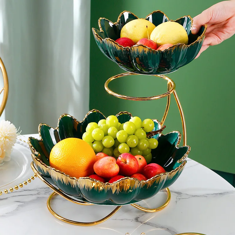 Elegant 2 Tiered Serving Stand with Floral Porcelain Bowls for Party Festival Tableware Thicker Metal Rack Serving Platter