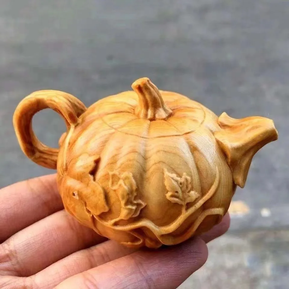 Chinese Style Lucky Wealth Attracting Fortune Hand Carved Thuja Boxwood Pumpkin Teapot Handheld Wenwan Ornament Art Craft Home