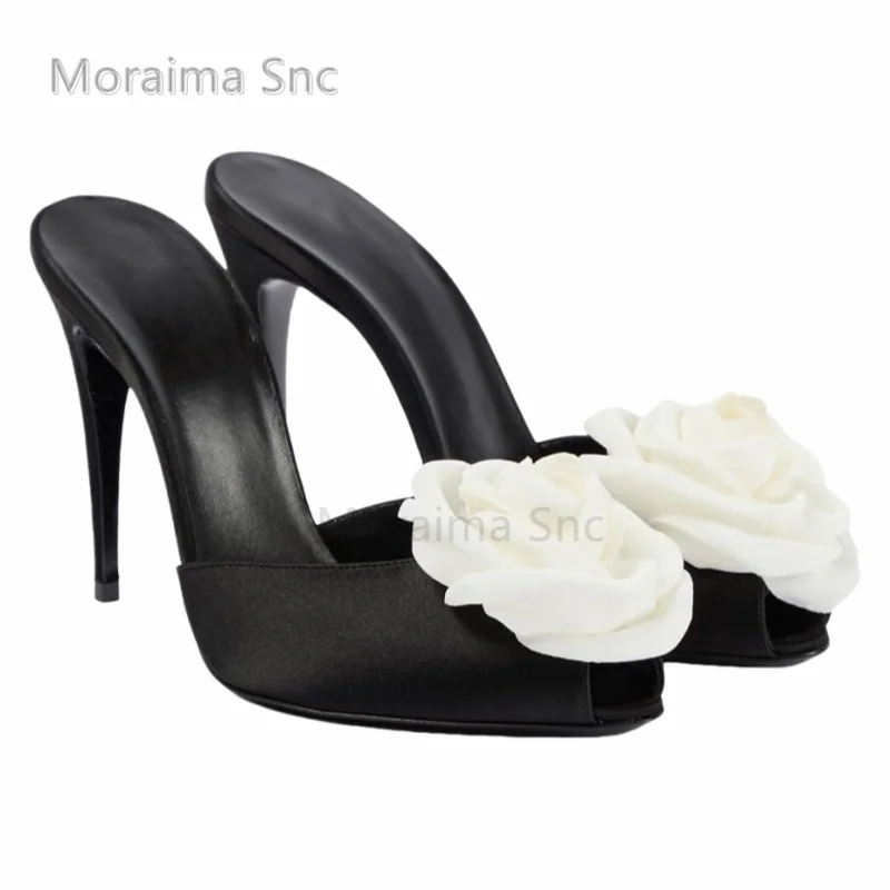 Flower Peep Toe Mules Slippers Women Elegant Fashion Floral Applique Sandals Black Pink Purple Satin Thin High Heels Slippers