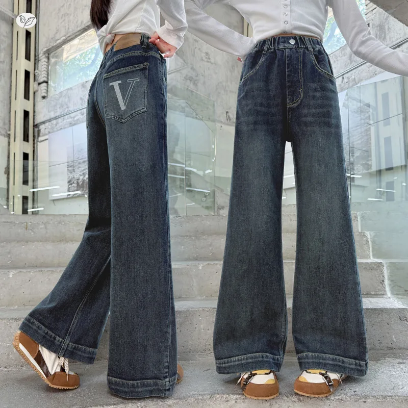 

Широкие джинсовые брюки с вышивкой алфавита для девочек, прочные длинные осенние брюки, простые и стильные, 7–14 лет