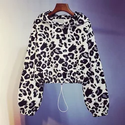 2023 Spring and Autumn Fashion Trend Leopard Print Loose Relaxed Slim Drawstring Waist Shorted Hooded Lace Up Women's Sweater