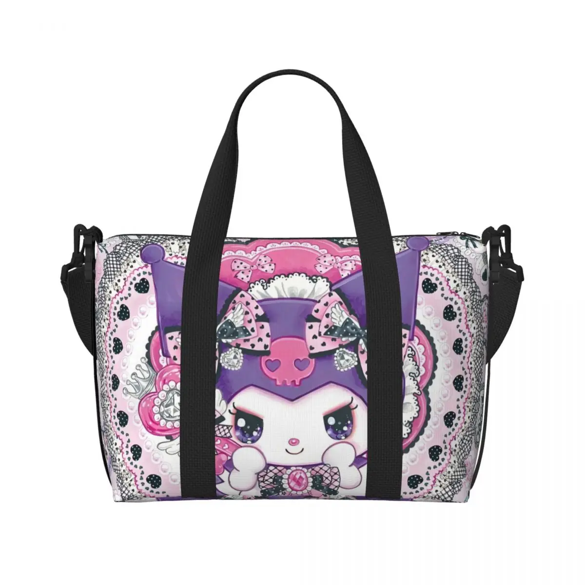 

Custom Sanrio Kuromi Anime Beach Tote Bag for Women Extra Large Gym Carry On Kawaii Cartoon Skull Travel Shopping Bags