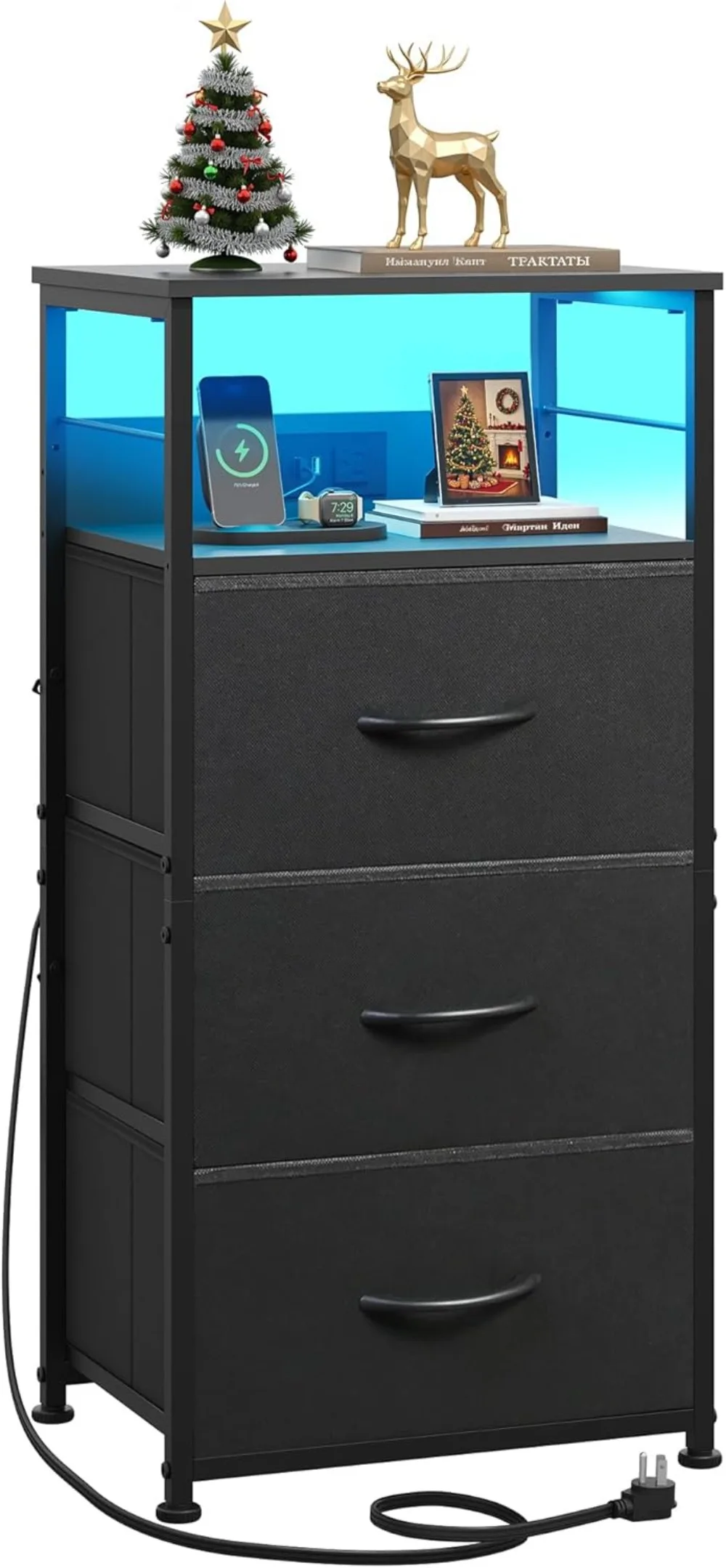 

31.9" LED Nightstand with Charging Station, 3 Fabric Drawers, USB Ports & Outlets for Bedroom
