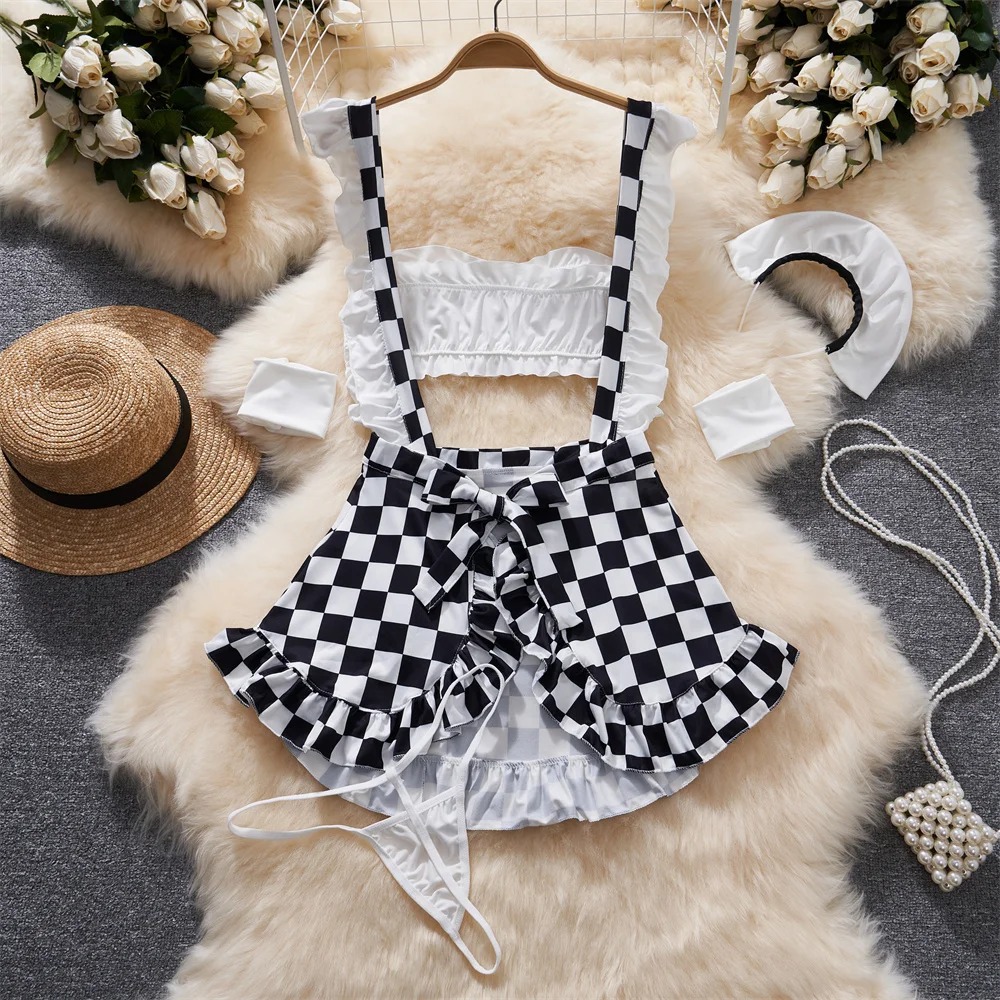 Ruffle Strap Women's Mini Dress Hotsweet Sexy Maid Cosplay Backless Black And White Plaid Nightgown Lace Up New Erotic Lingerie