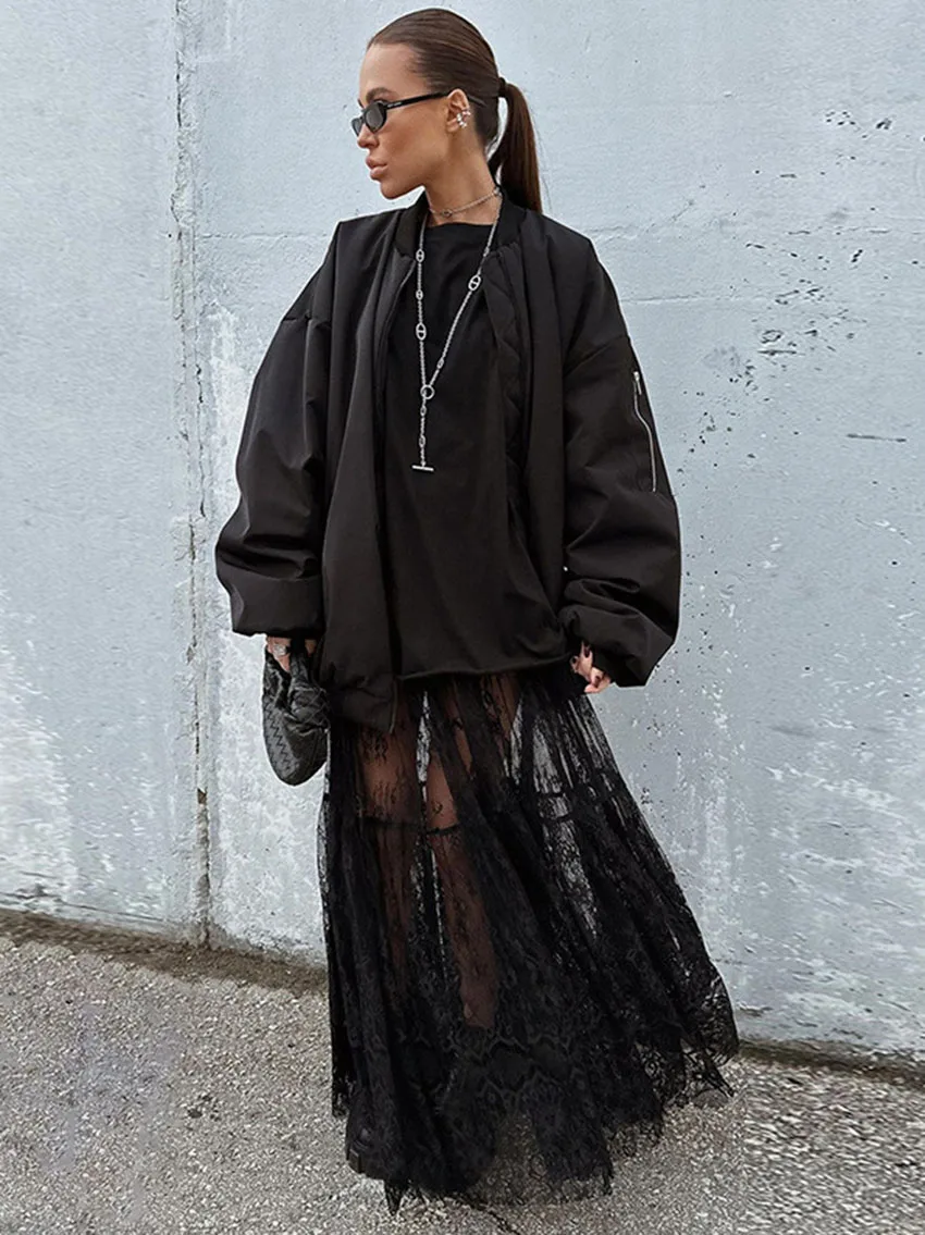 تنورة شفافة من قماش الجاكار من الدانتيل للسيدات صيفية جديدة عالية الخصر تنانير طويلة غير رسمية مثيرة موضة 2026 ملابس الشارع تنورة ماكسي سوداء #5