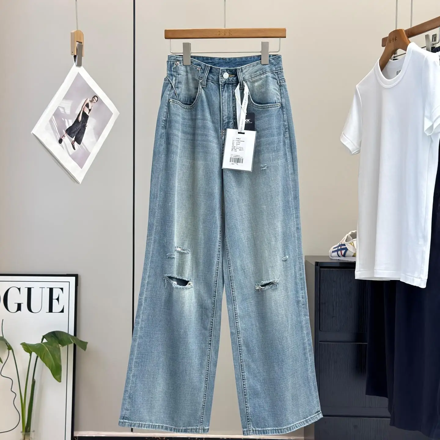 

Retro High Waist American Washed Hole Cotton Thin Straight Loose Jeans Women's Summer No Stretch High Waist Denim Jeans