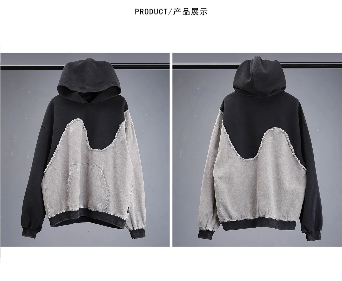 Contrast Color Patchwork Techwear Style Casual Hoodies Man Autumn Tactical Function Washed Distressed Design Long Sleeve Tops