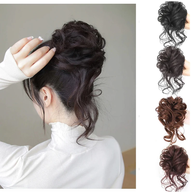 Syntetyczny kok z włosów Chignon roztrzepany kręcone elastyczna opaska do włosów Scrunchy fałszywe treski czarne brązowe peruki dla kobiet