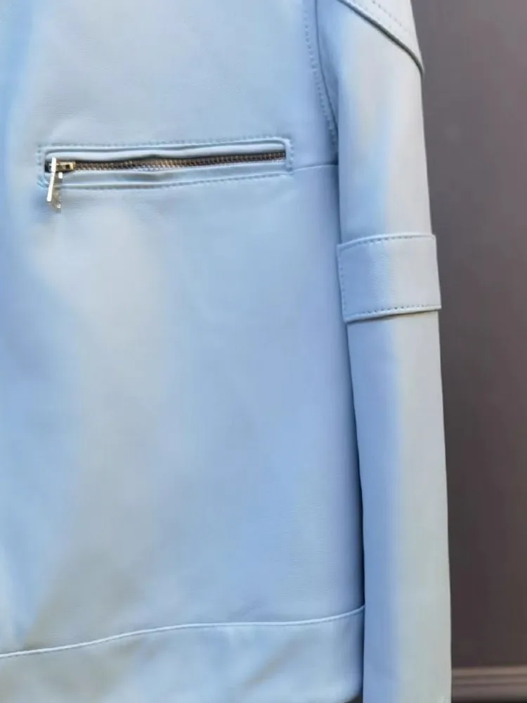 Moda autunno donna pelle di pecora giacca in vera pelle colletto alla coreana cerniera motociclista cappotto antivento giacche punk slim fit