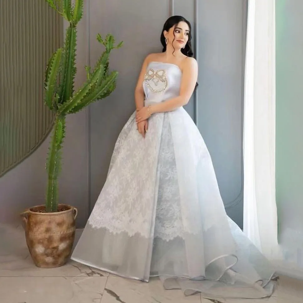 Stunning Crystals Beaded Women Formal Dresses Big Bow Tulle Wedding Gowns Strapless Applique Bridal Dress with Split