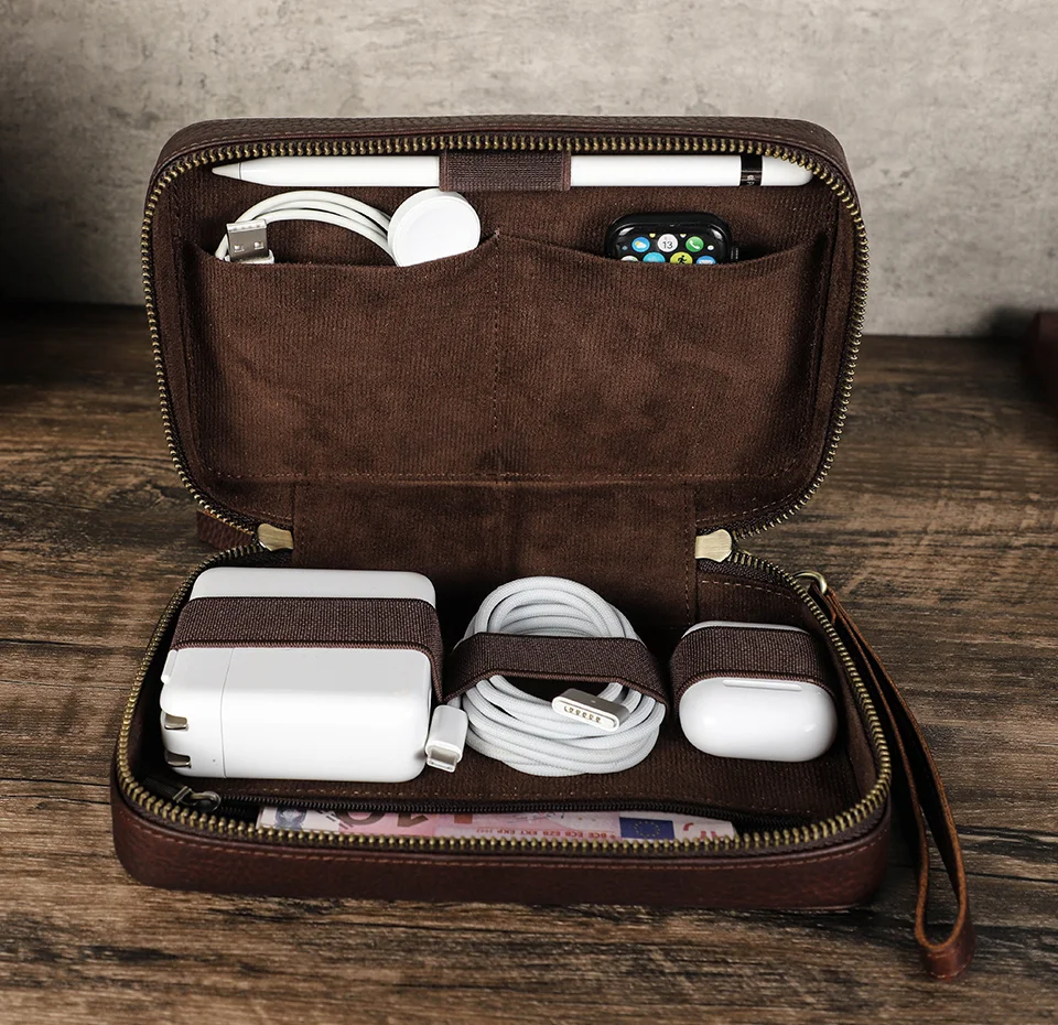 Echtes Leder Tragbare USB Daten Kabel Lagerung Tasche Kopfhörer Fall Elektronische Zubehör Gadgets Digital Organizer Box Beutel – Detail 7