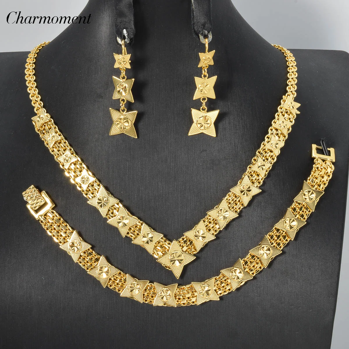 Luxury Star v Chain Jewelry Sets for Women Wedding Party Necklace 18k Gold Plated Ladies Drop Earring Friends Cuff Bracelet Gift