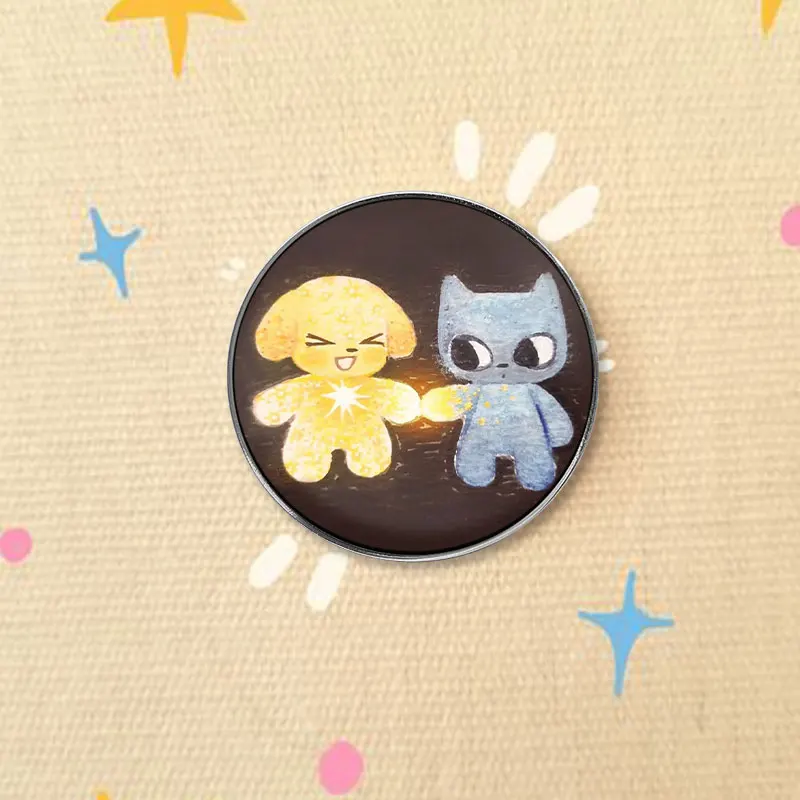 Sparkle Puppy And Cat Holding Hands UV Printing Badge Soft Dreamy Cartoon Pin Clothing Decor Brooch For Kids