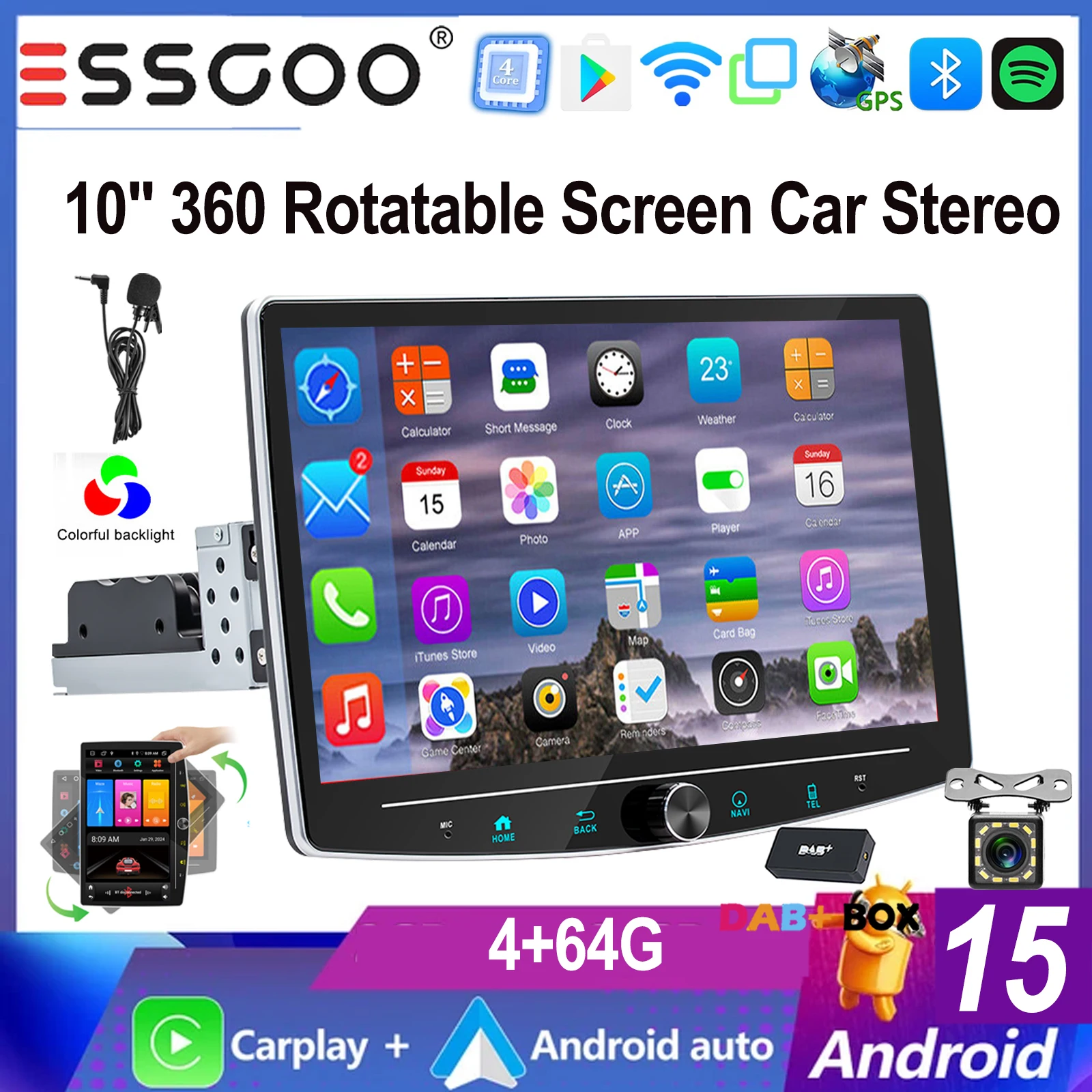 ESSGOO 10,1" Android 15 1 DIN Universeel 360 °   Draaibaar touchscreen carplay MICROFOON Android auto Autoradio Radio GPS NAVI BT WIFI FM