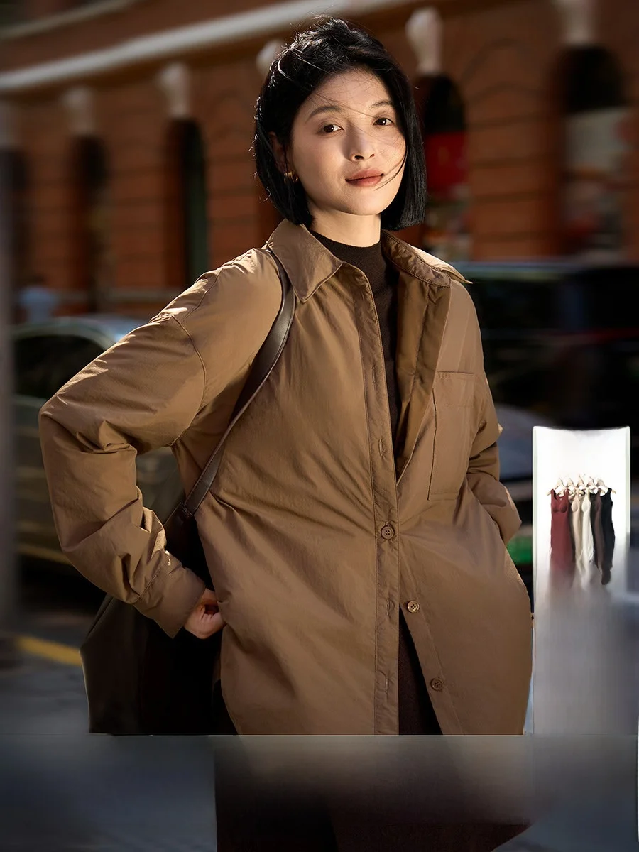 

Женская базовая куртка-пуховик из 95% белого гусиного пуха с длинными рукавами, теплая, для повседневной носки, из нейлоновой ткани, однотонная, с отложным воротником