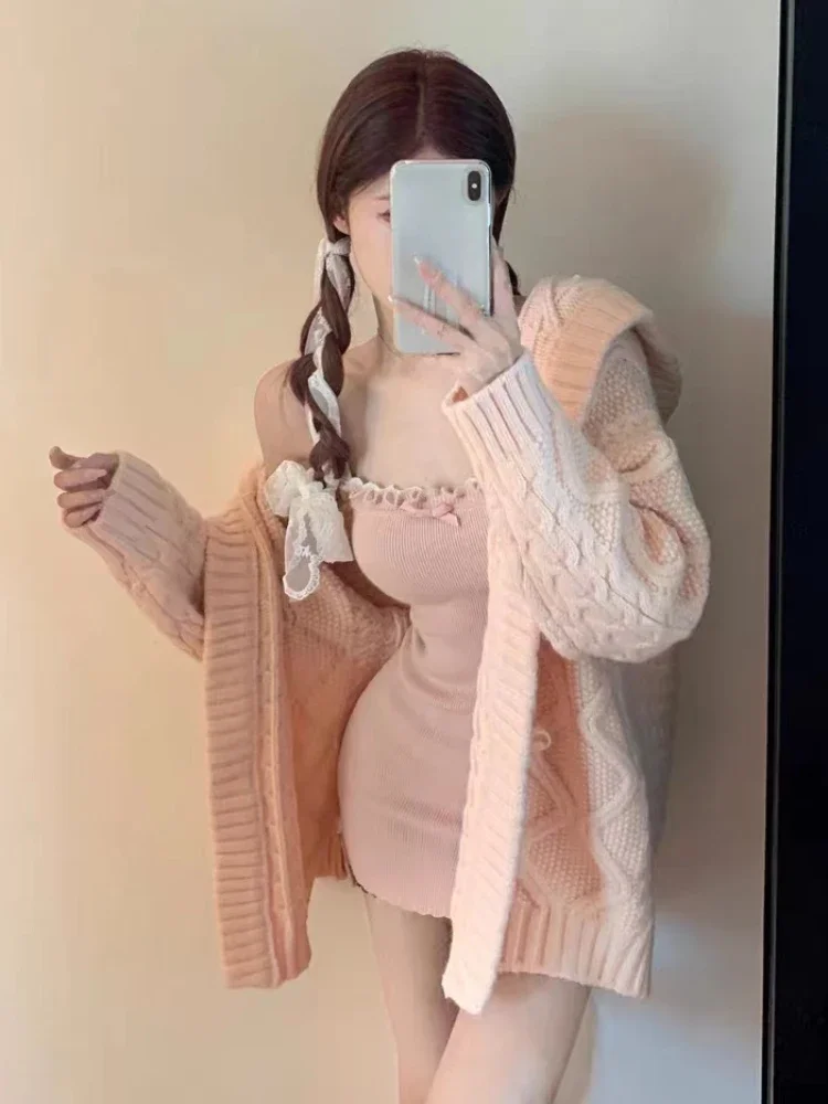 Japanese 2 Piece Dress Set Women Casual Long Sleeve Sweater Cardigan + Sexy Bodycon Strap Dress Elegant Knitted Suit 2023 Autumn