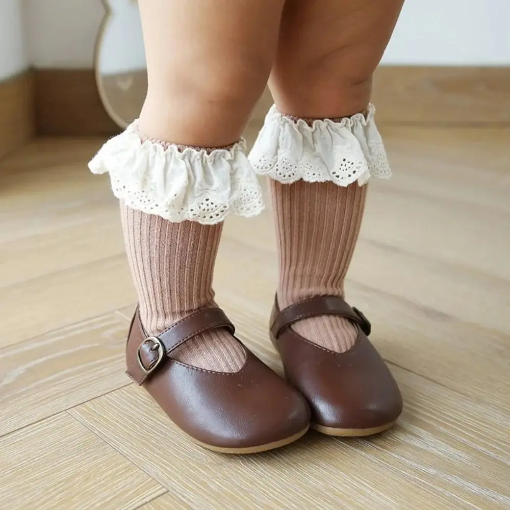 Non Slip Dots Baby Socks Mid Calf Length Soft Fabric Kids Mid Calf Socks Anti Skid Bottom Lace Trim Girls Socks Home Activity