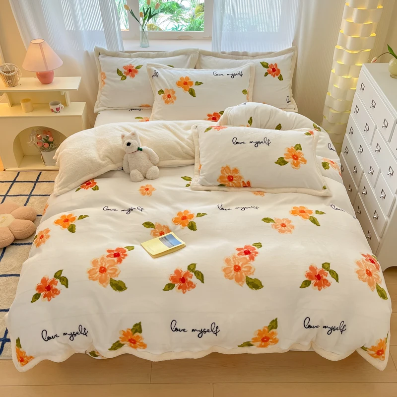 

Winter Flannel Print Duvet Cover for Winter Flowers Soft Warm Keep Warm Bed Quilt Covers Milk Velvet Queen King Bed