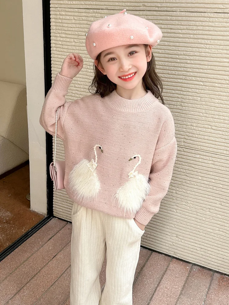 Faionable Cartoon Swan Knitted Sweater Thiened iny Base irt for Baby Girls Autumn Winter Collection round Ne Other ...