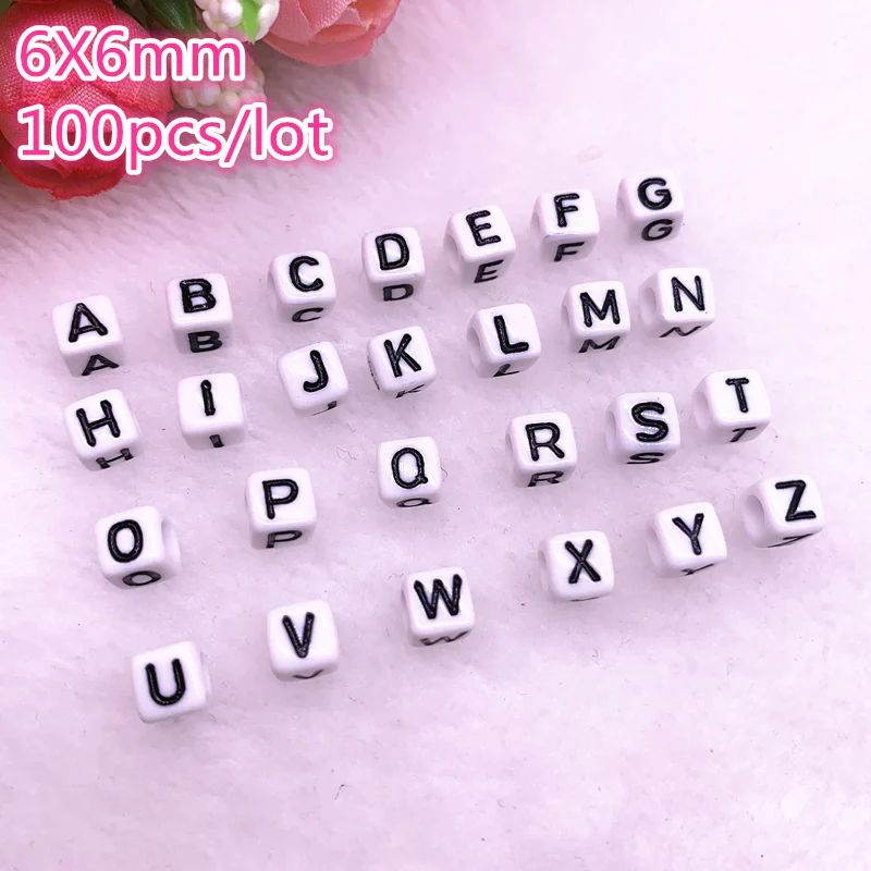 100pcs/lot A-Z White Alphabet/ Letter Acrylic Cube Beads For DIY Jewelry Making 6x6mm(1/4