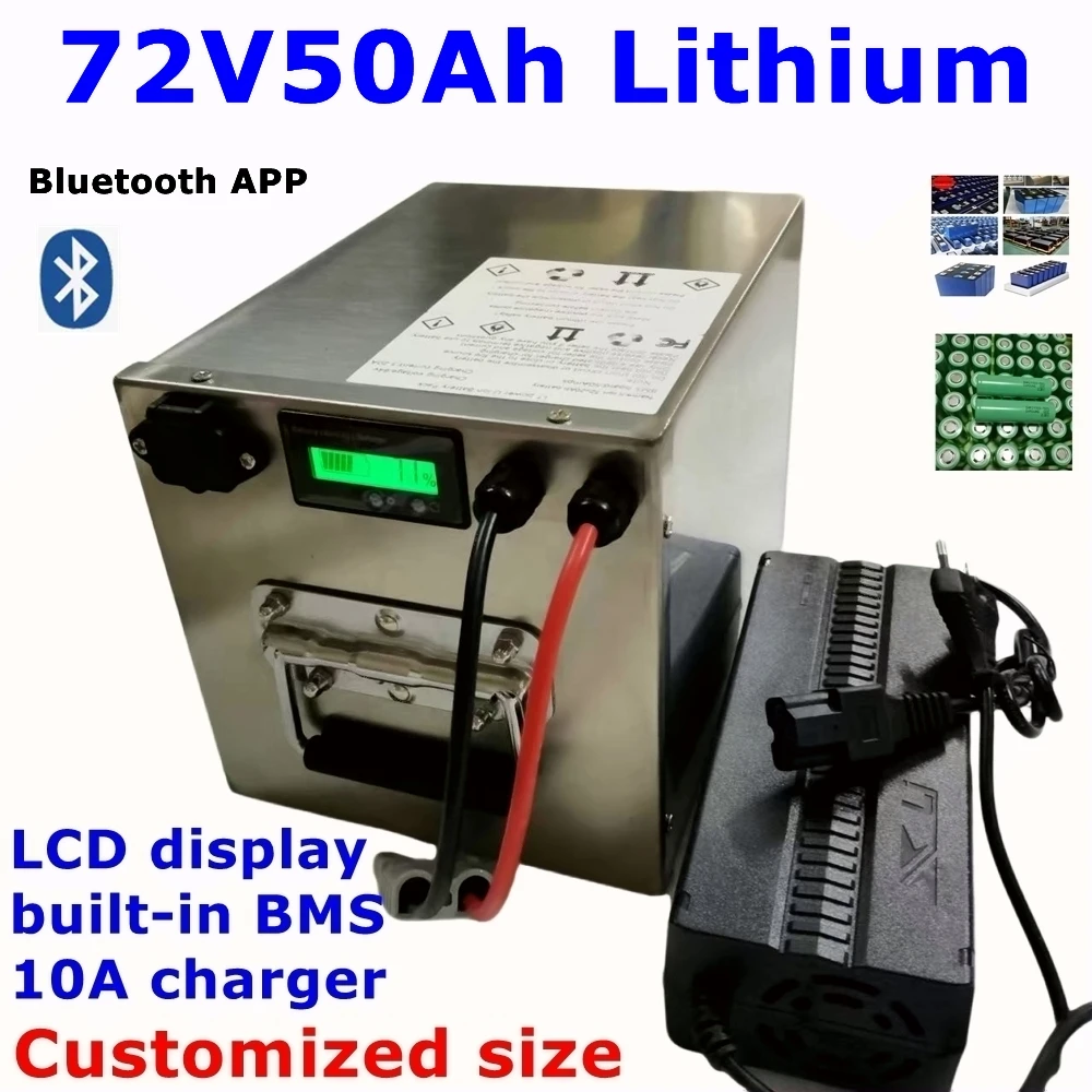 LT-Waterproof 72V 50Ah lithium ion li-ion battery pack BMS 20S with bluetooth functions for scooter motorcycle ebike+10A Charger