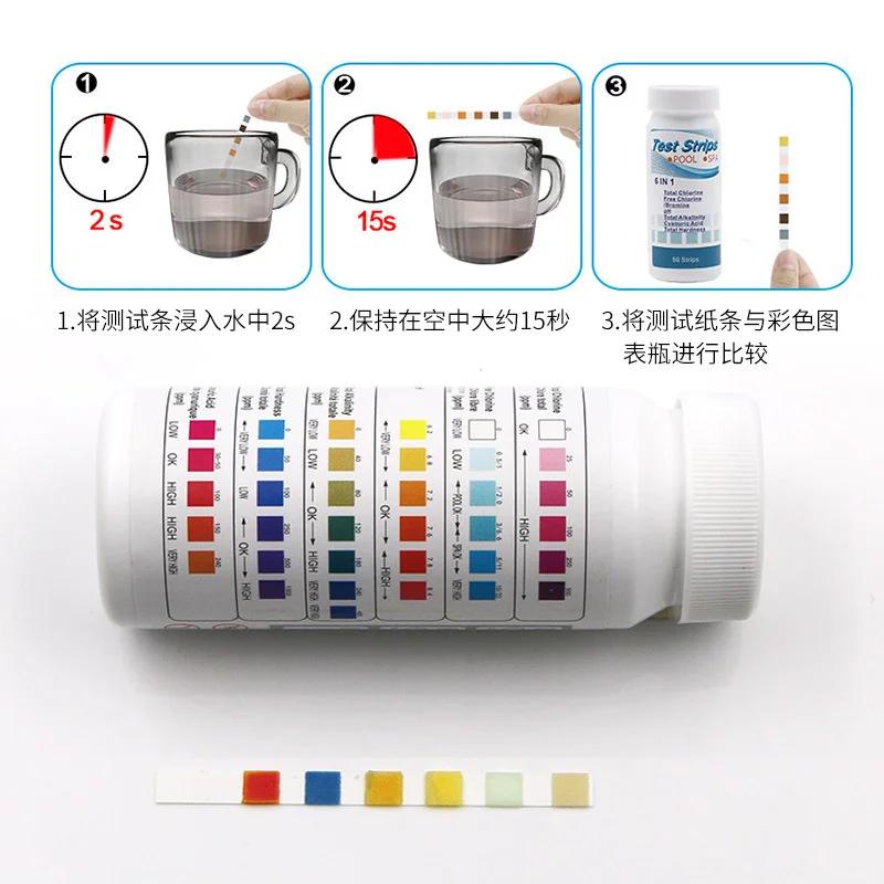 

50Bottle 6 in 1 Swimming Pool Aquarium Test Paper Residual Chlorine Ph Value Alkalinity Hardness Test Strip Bottle of 50