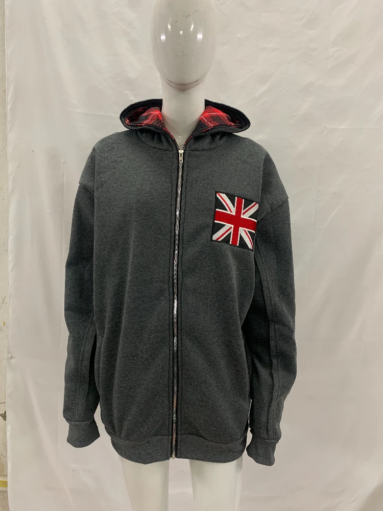 Women's Retro Hooded Jacket with Wool Lining Checkered National Flag Embroidery Zipper Casual Streetwear