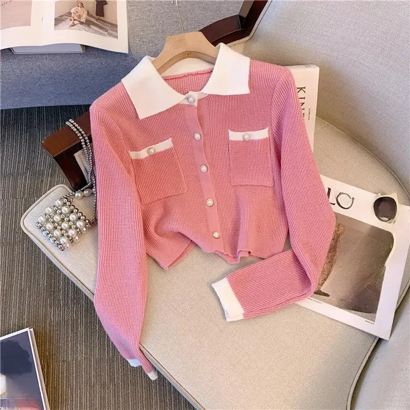 Fashion Long Sleeve Casual Slim Short Tops Sweet Cardigans Sweater Spring Autumn Women Sweaters Color Blocking Knitted Cardigan