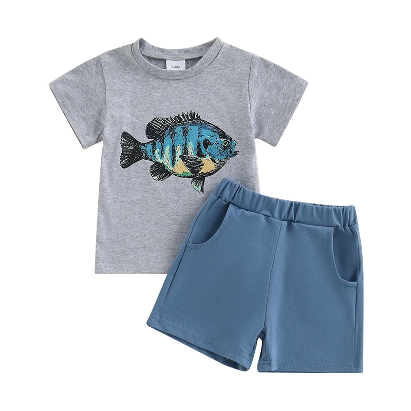 

Одежда для маленьких мальчиков от 0 до 3 лет, летняя футболка с короткими рукавами и принтом рыбы, комплект с шортами и карманами, повседневная одежда из 2 предметов для младенцев