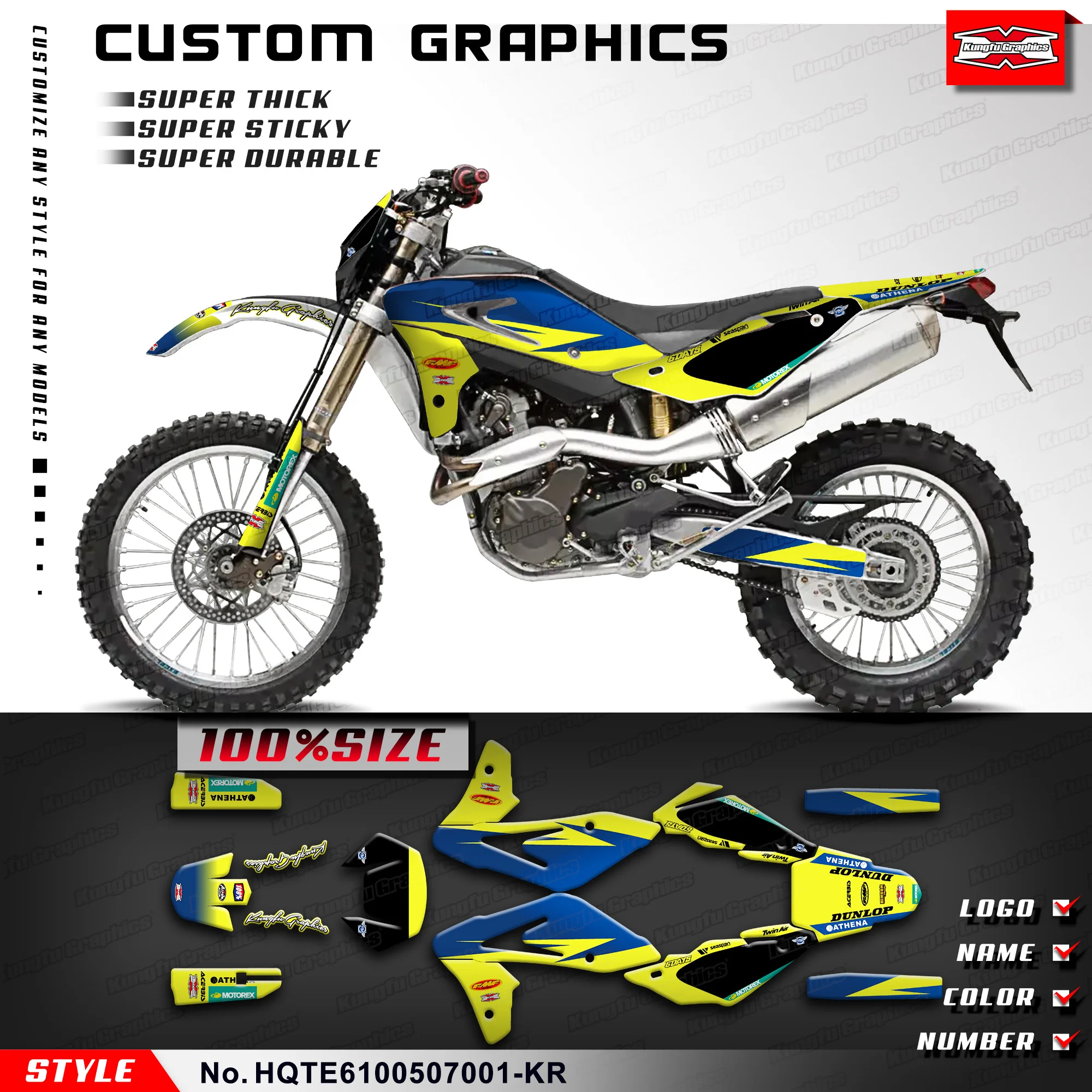 

KUNGFU GRAPHCS Dirt Bike Custom Sticker Vinyl Wrap Kit for Husqvarna TE 610 IE 2005 2006 2007, HQTE6100507001-KR