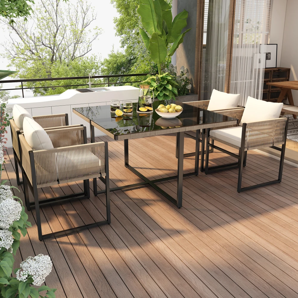 Ensemble de salle à manger de jardin 5 pièces avec table à manger et 4 chaises empilables en corde et verre sécurisé