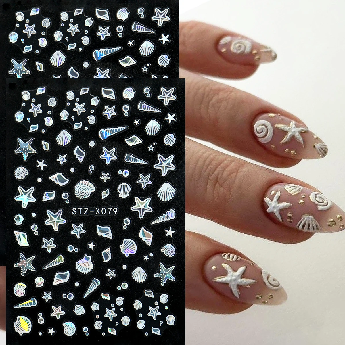 2pcs 5D Embossed Sea Shell and Starfish Nail Art Decals,Colorful Laser Starfish Shell Design Summer Beach Cartoon Nail Decor