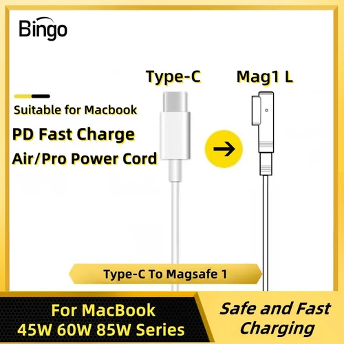 Imagen 1 del producto Para MacBook 45W 60W 85W PD Cable de carga rápida USB-C a Magsafe 1 cable de alimentación de cabezal L adsorción automática magnética 1,8 M de longitud