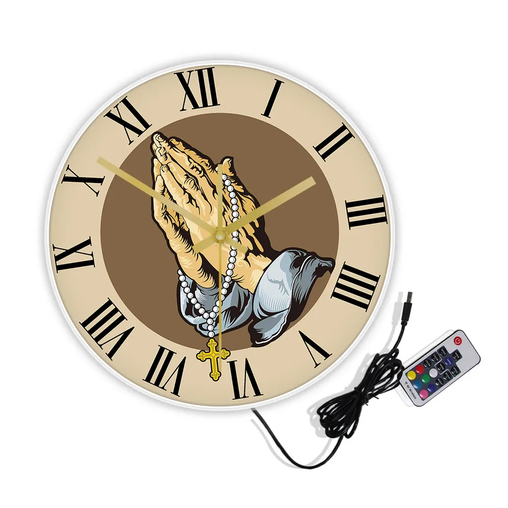 Praying Hands LED Color Change Wall Clock Rosary Prayer Hands Faith In God Church Neon Light Sign Christ Holy Clock Glow In Dark