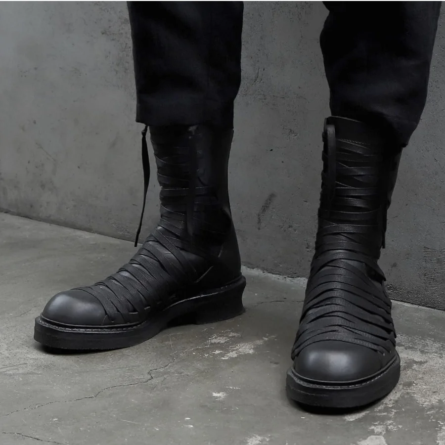 Men's Vintage Distressed Cross Strap Short Boots Back Zipper Thick Heel Work Boots High Top Slim Fit Casual Booties Footwear