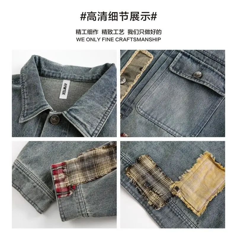 BEIANJI men clothing 2025 new American retro splicing plaid patch denim jacket men's spring trend design sense new men jacket