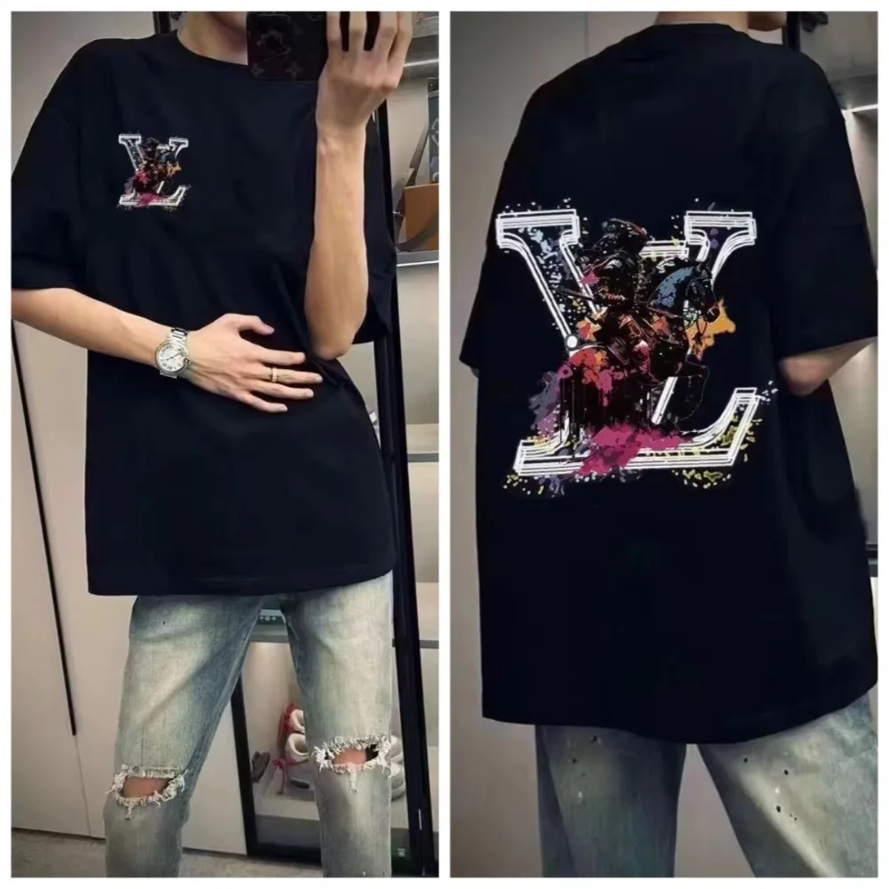 

2025 Summer Trend Hot Item Knight Print Letter Korean Version Loose Men's and Women's Short Sleeved T-shirt Handsome Top